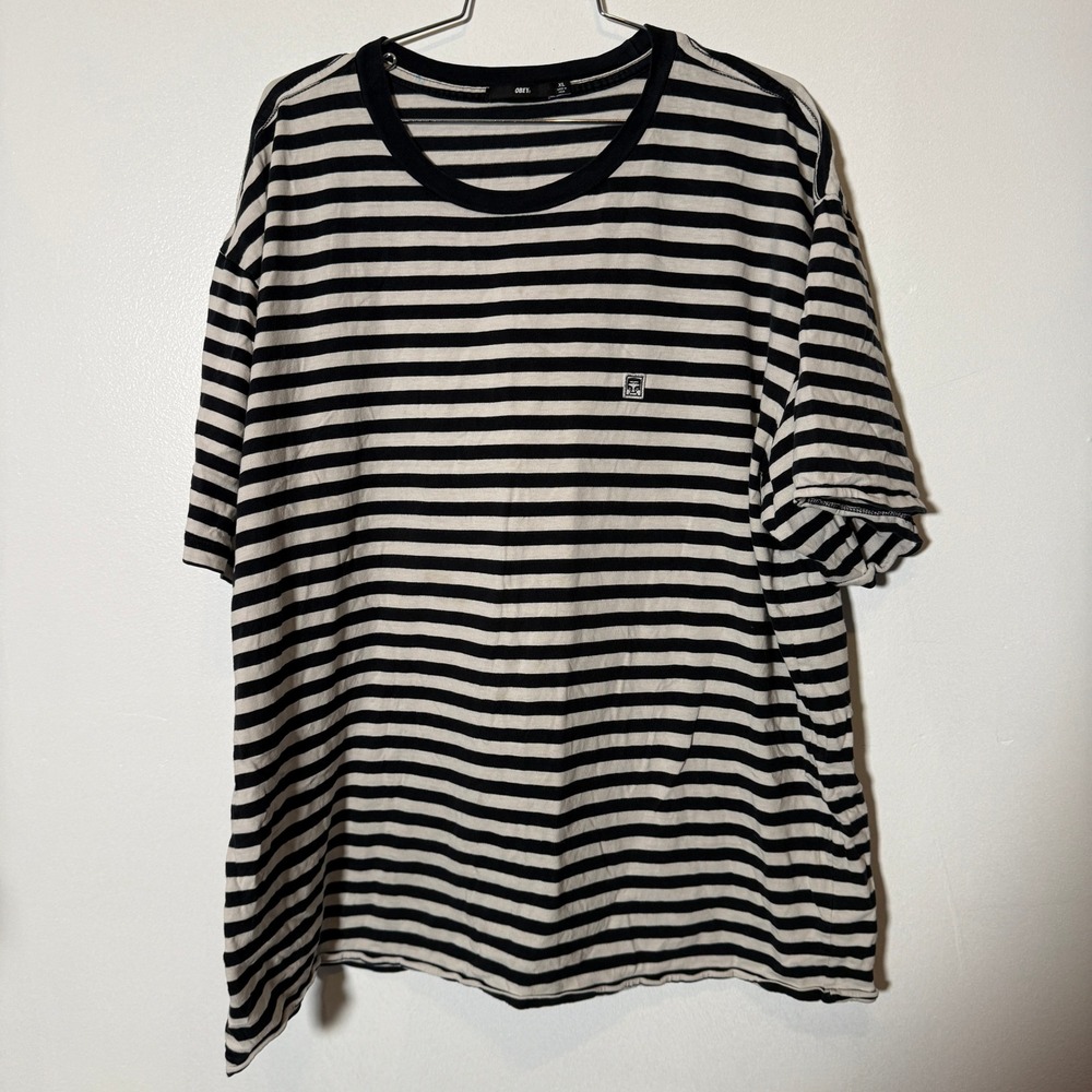 Obey Striped T-Shirt Mens XL Black White Short Sleeve Logo Patch Tee